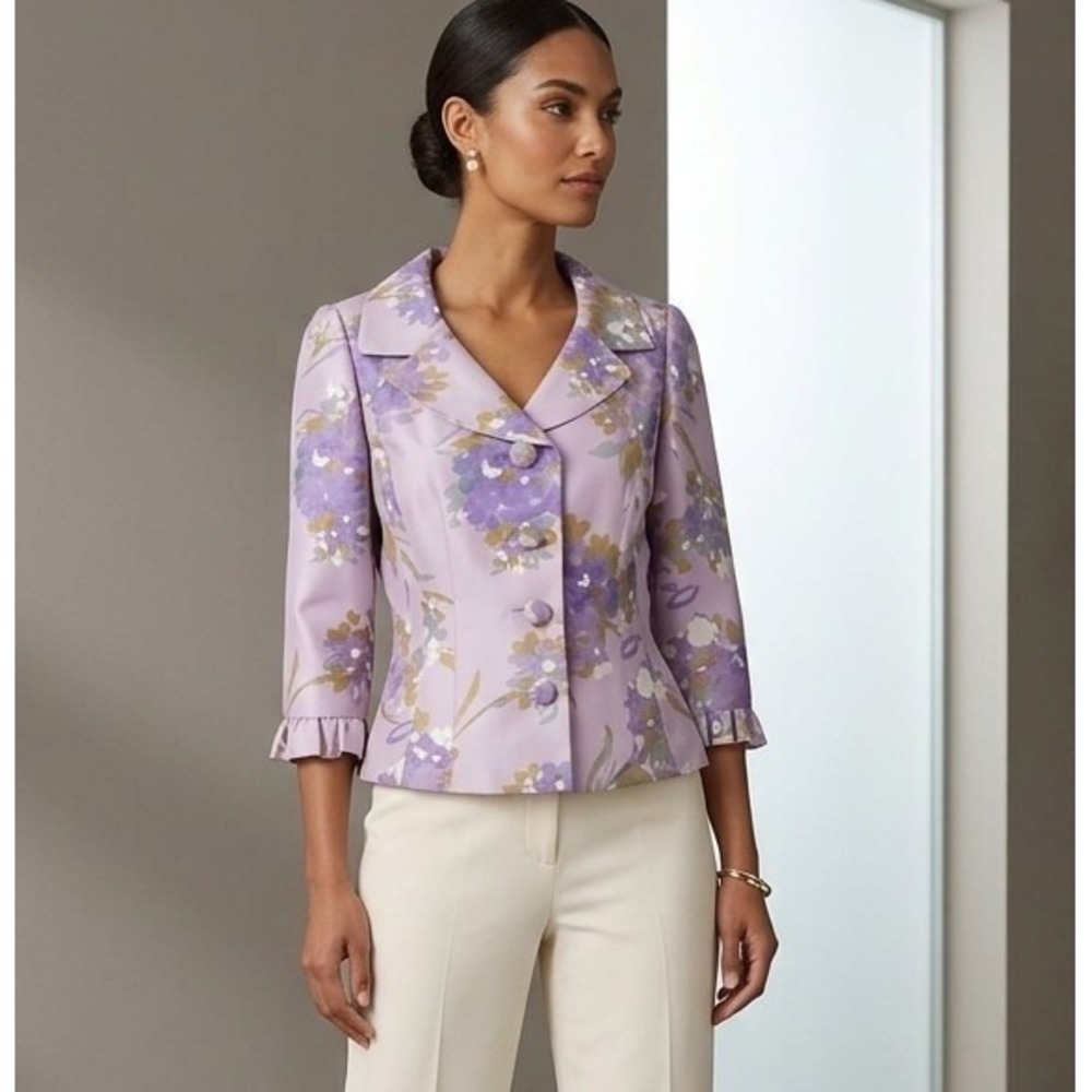 Vtg MAGGY LONDON 6‎ Lavender Floral 100% Silk Blazer Jacket Ruffle Feminine Chic